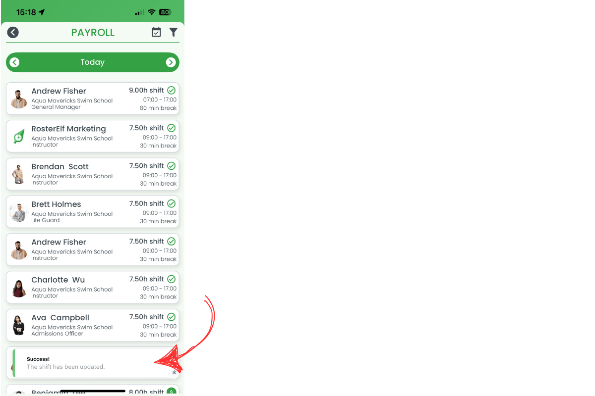 Success toast after saving payroll approval