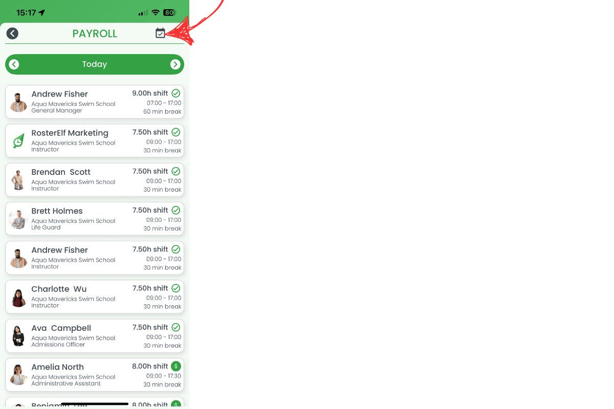 Today shortcut icon in payroll approvals