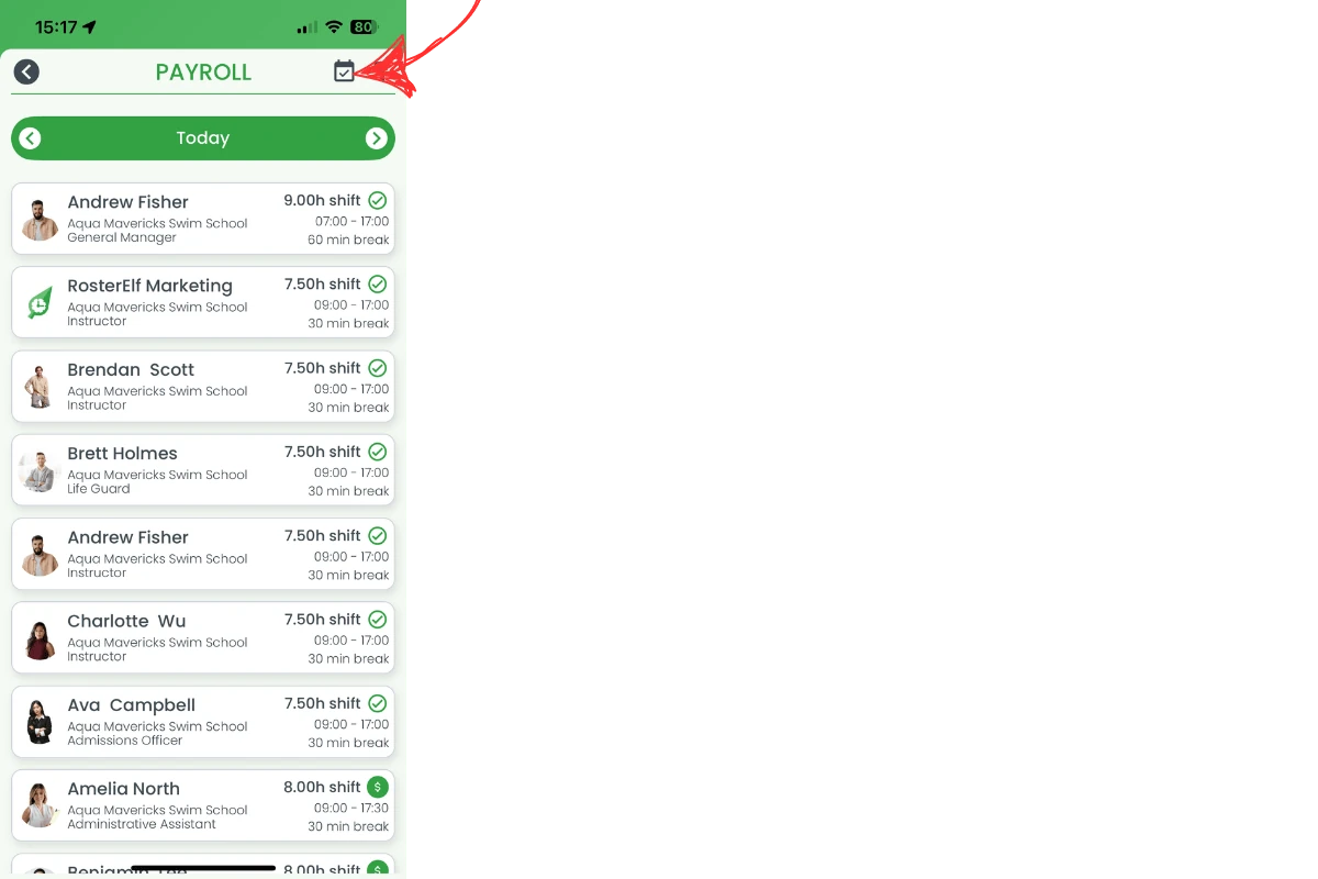 Today shortcut icon in payroll approvals