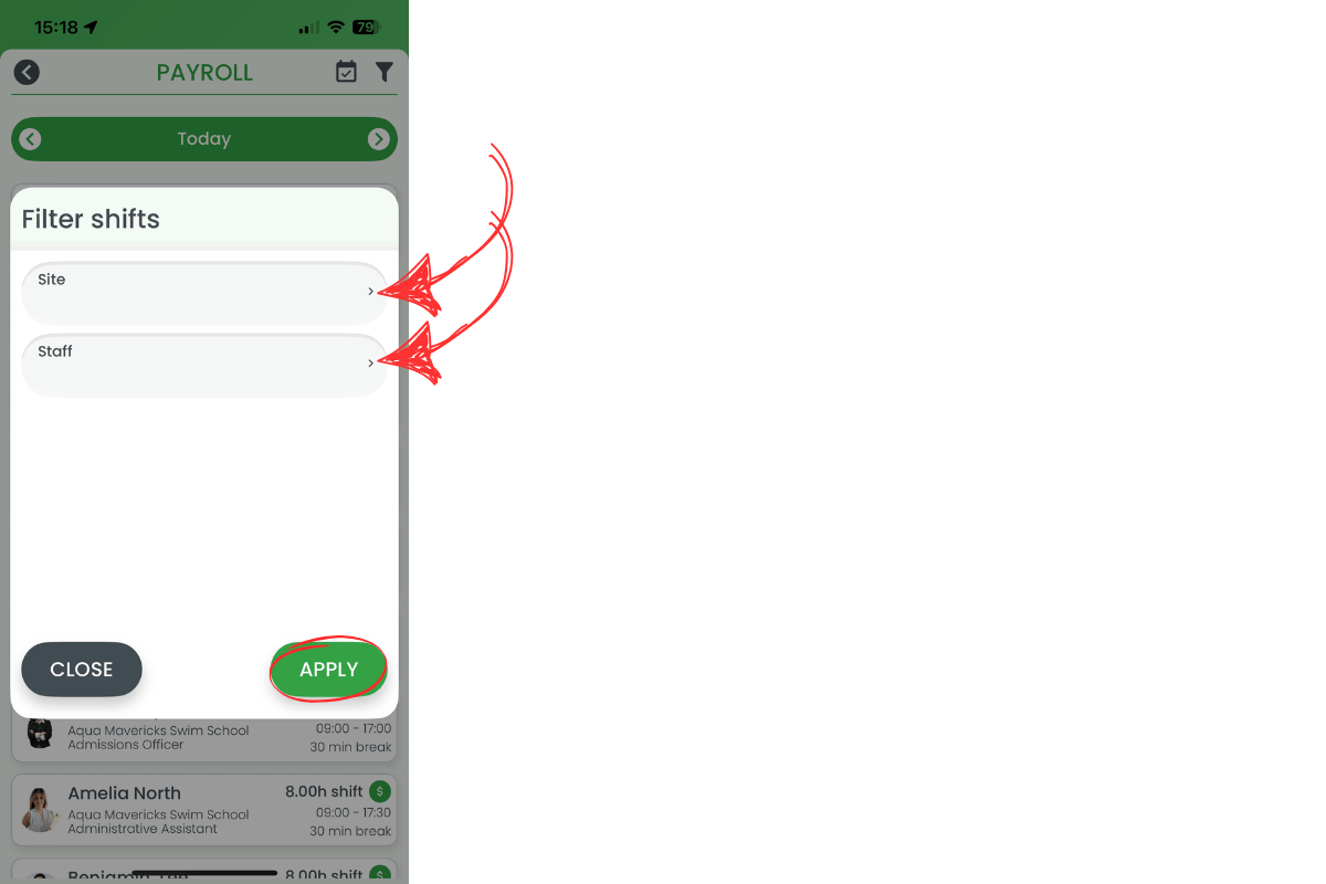Filter panel with Site and Staff selectors