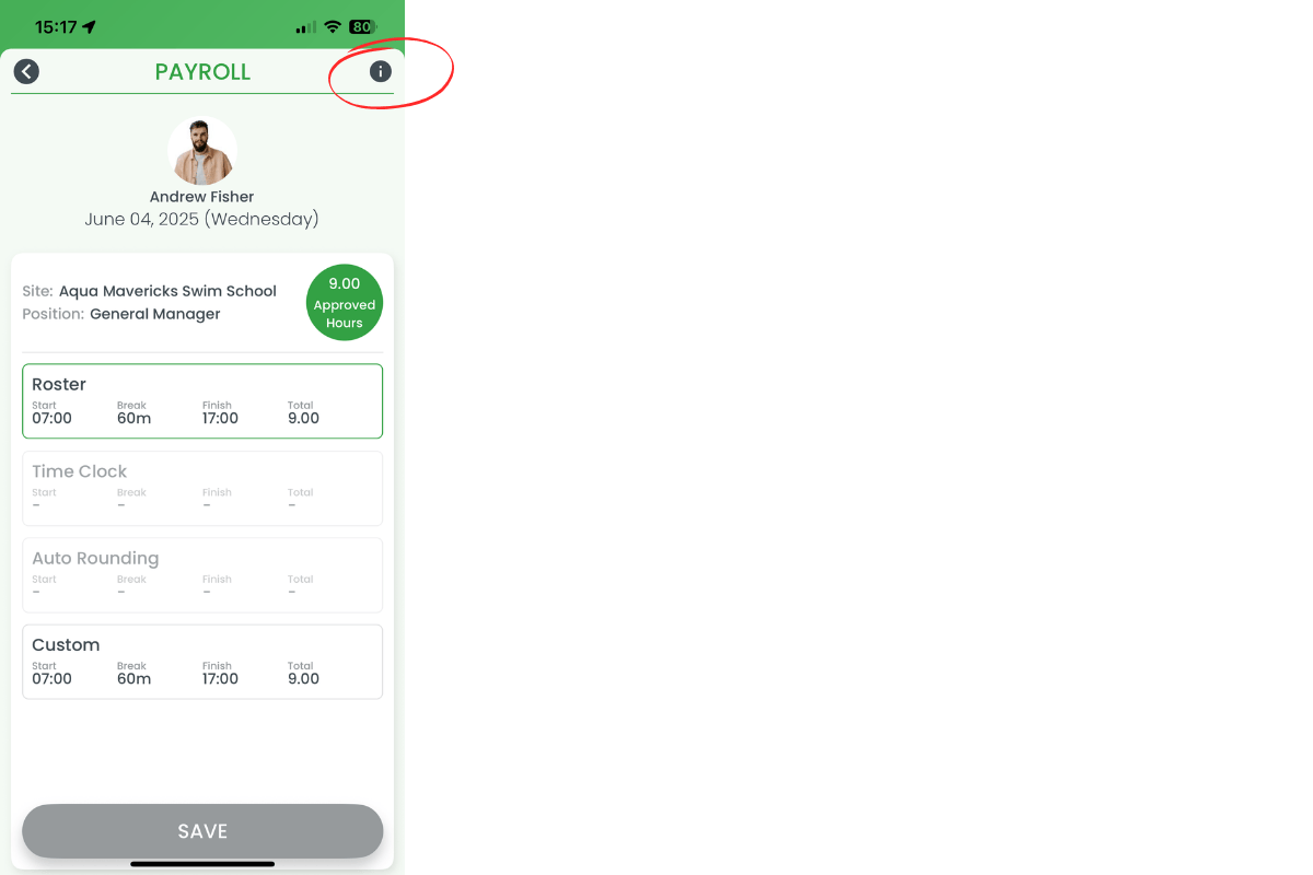 Information icon on payroll approval header