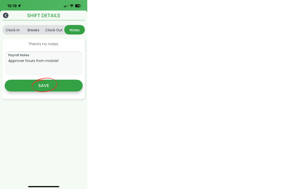 Save button highlighted after typing payroll note