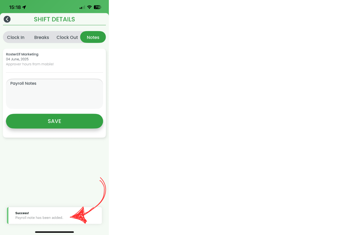 Success banner confirming payroll note added