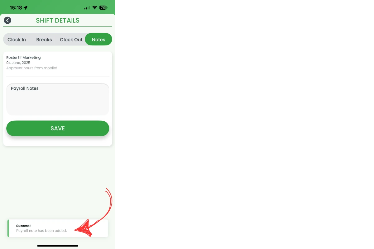 Success banner confirming payroll note added