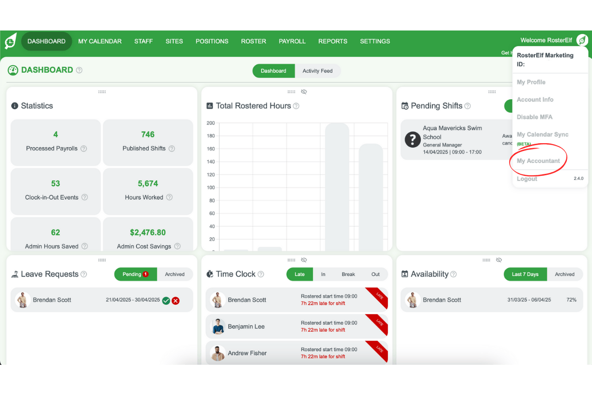 Drop-down menu with My Accountant option highlighted