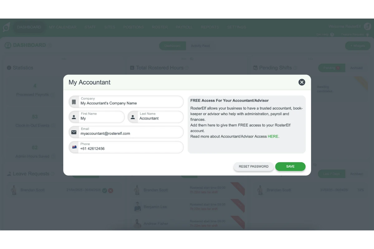 Add Accountant form with fields for name and email