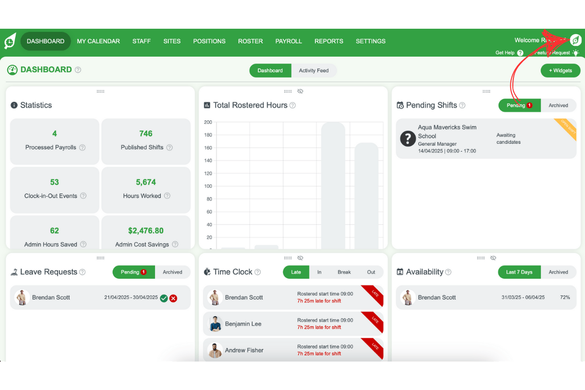RosterElf user avatar menu in the top right corner