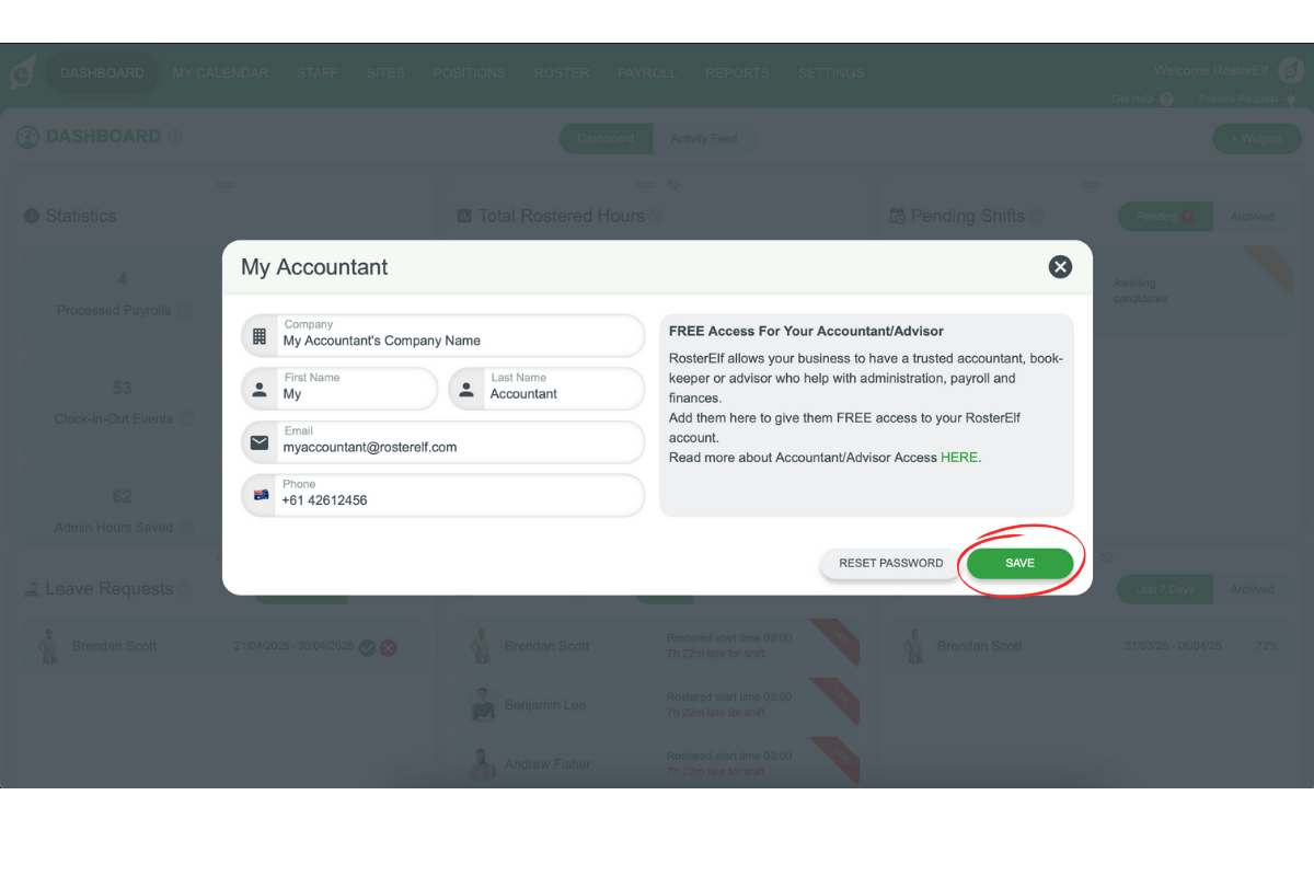 Save button to confirm accountant access