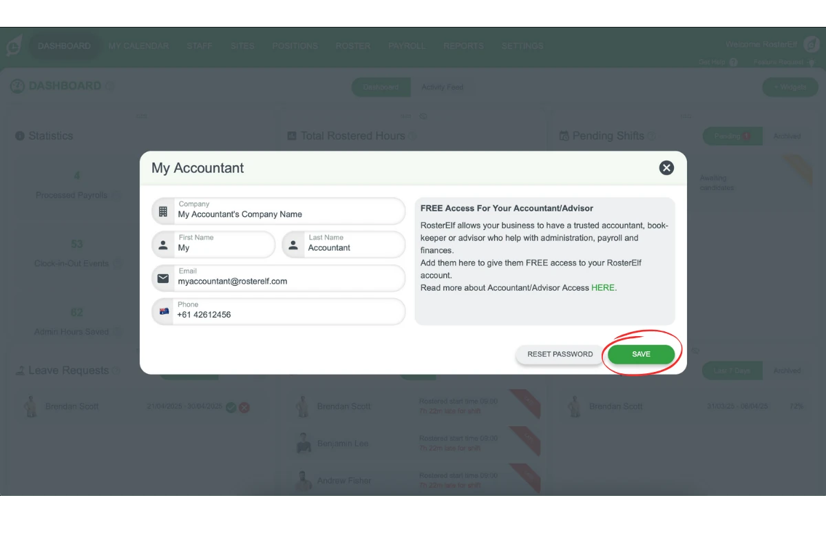 Save button to confirm accountant access