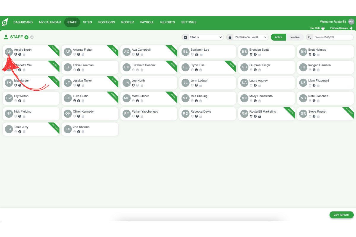List of employees with one highlighted for site assignment