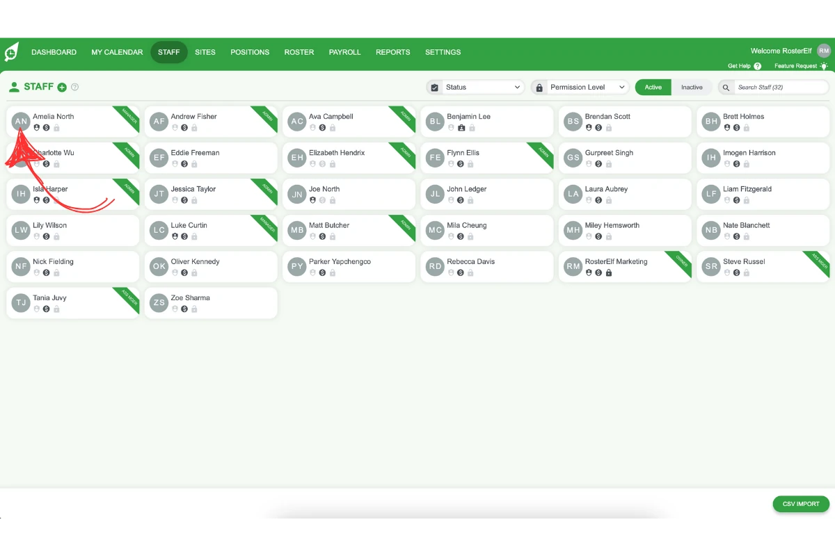 List of employees with one highlighted for site assignment