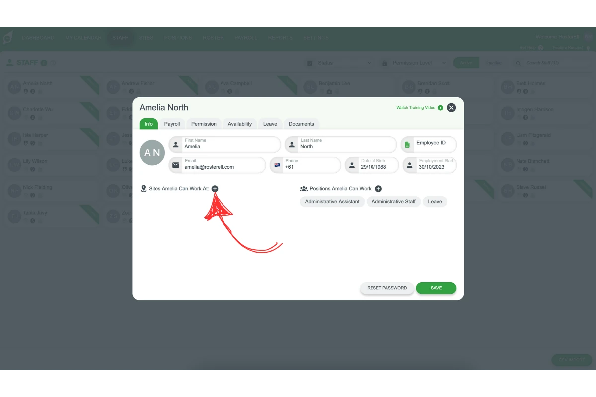 Sites Can Work At button to assign or edit an employee's eligible sites
