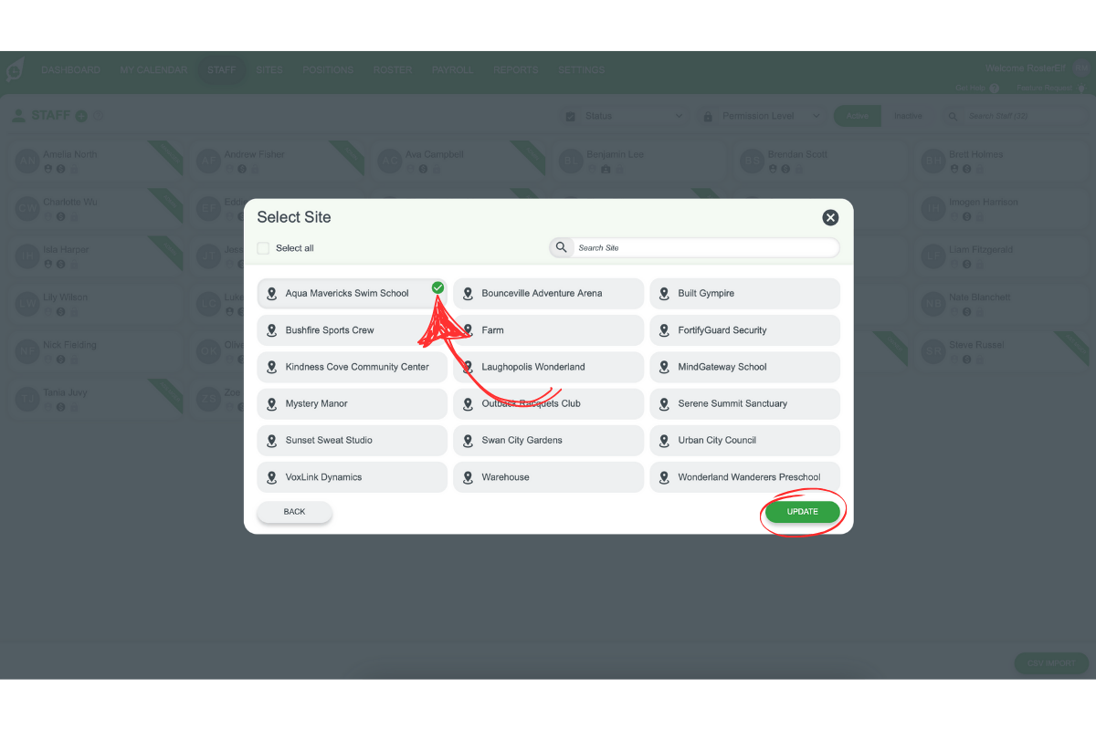 Checkboxes for selecting sites to assign to an employee