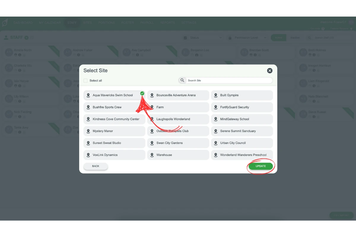 Checkboxes for selecting sites to assign to an employee