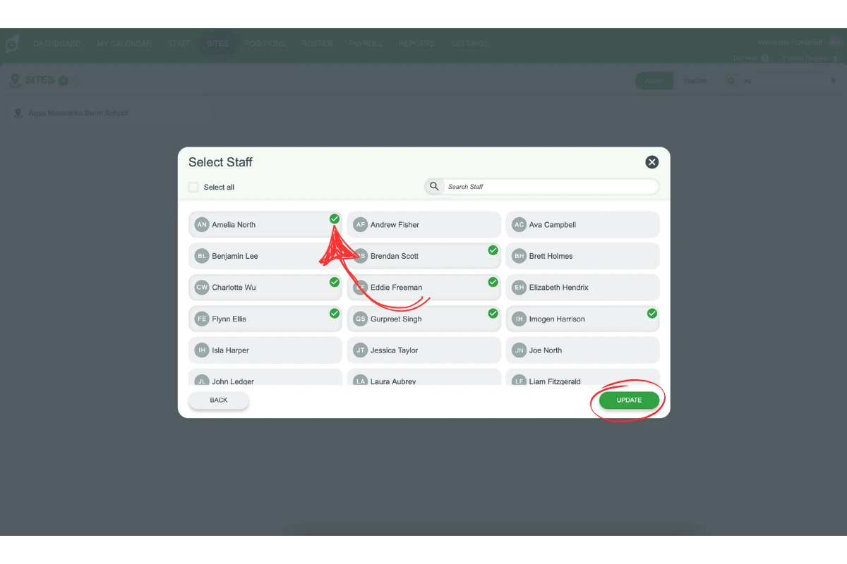 List of staff with checkboxes to select all or individual employees