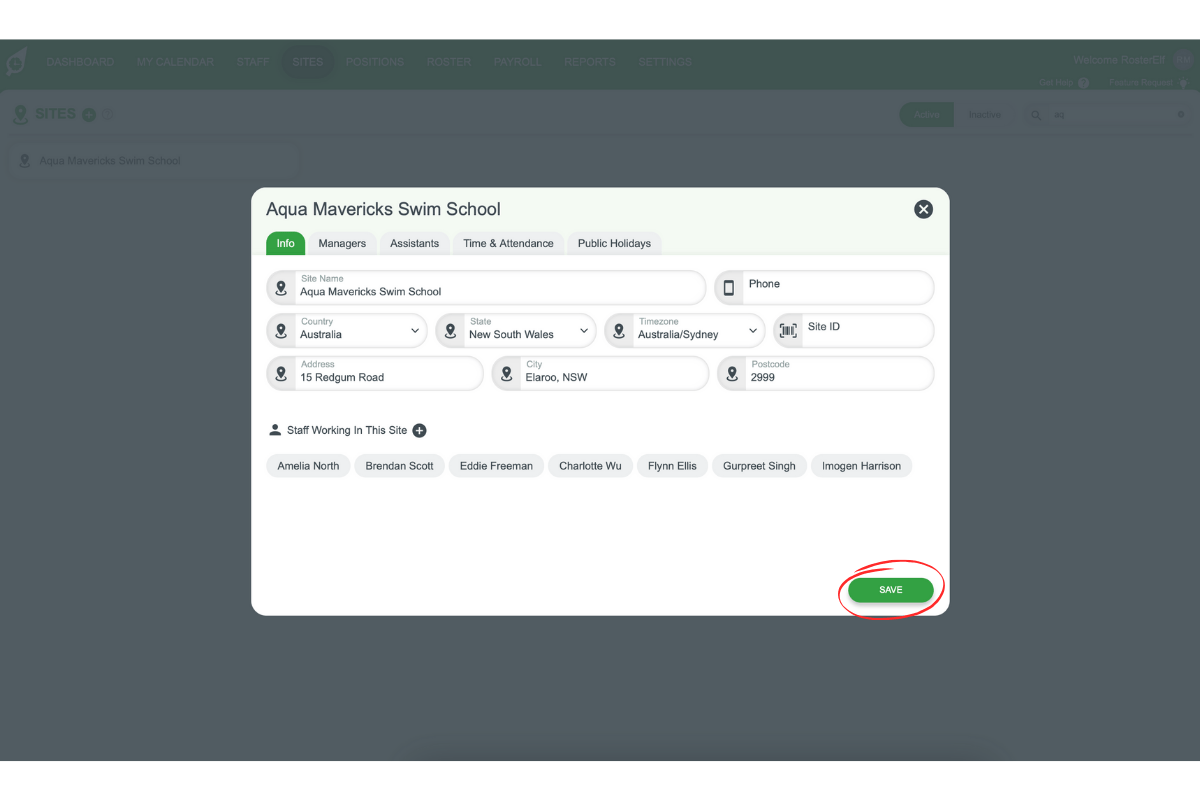 Save or Update button for confirming staff assignments to a site
