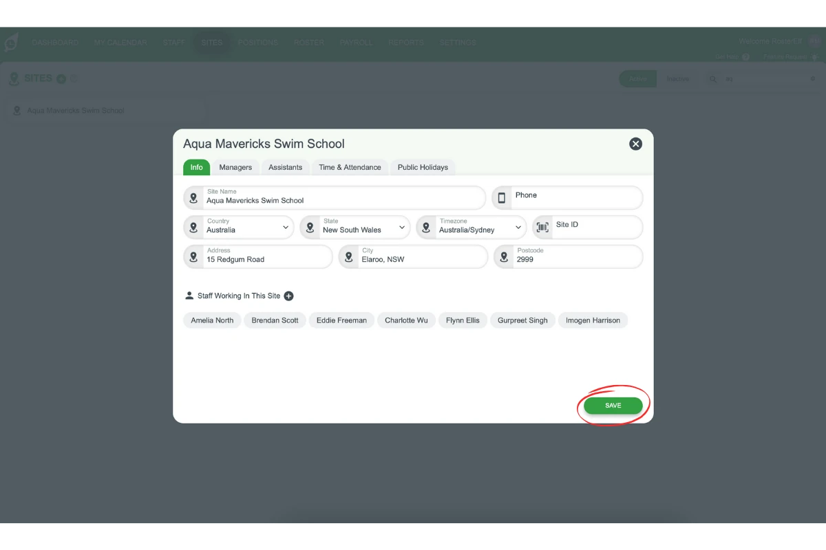 Save or Update button for confirming staff assignments to a site
