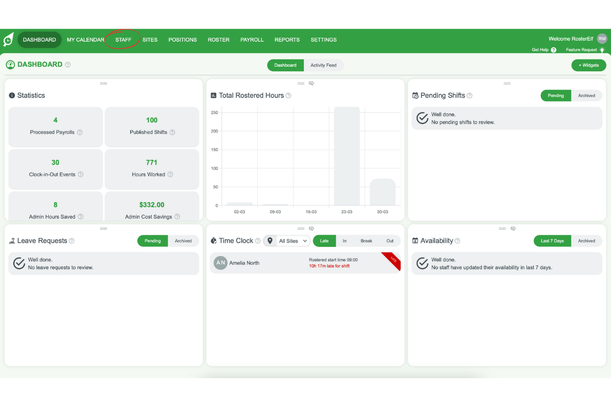 RosterElf staff tab in the navigation menu