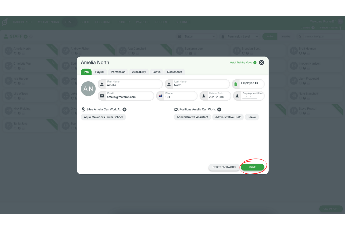 Save button in the site assignment pop-up for an individual employee