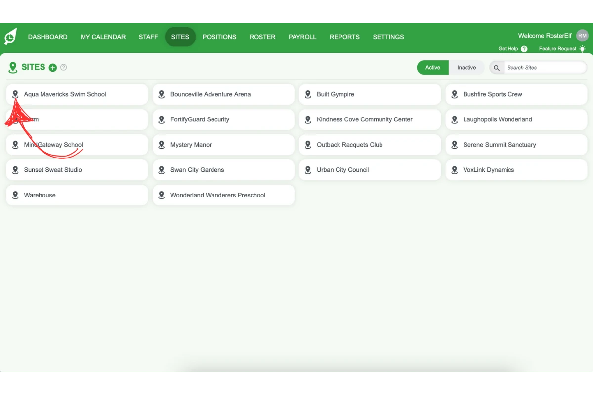 Screenshot indicating site selection