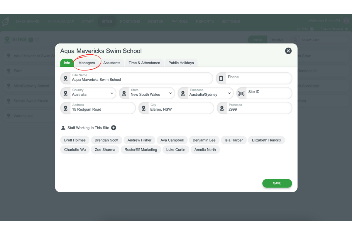 Screenshot of the Managers tab for site management