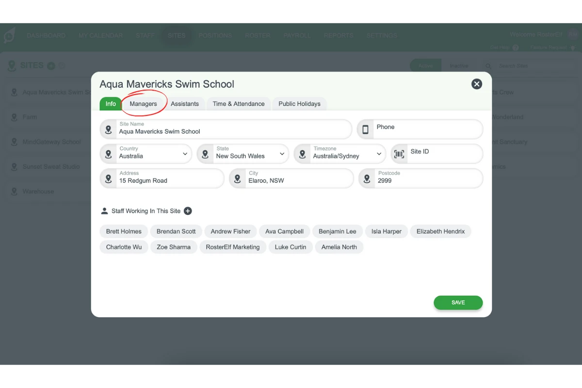 Screenshot of the Managers tab for site management
