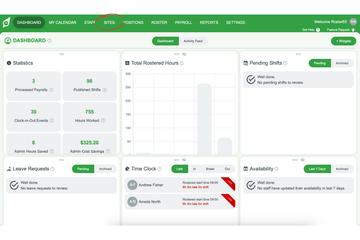 Screenshot showing the Sites tab in RosterElf
