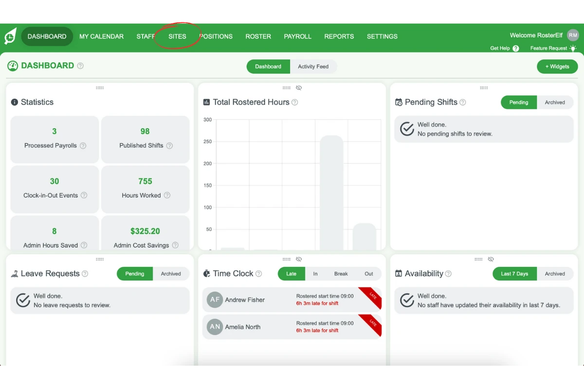 Screenshot showing the Sites tab in RosterElf