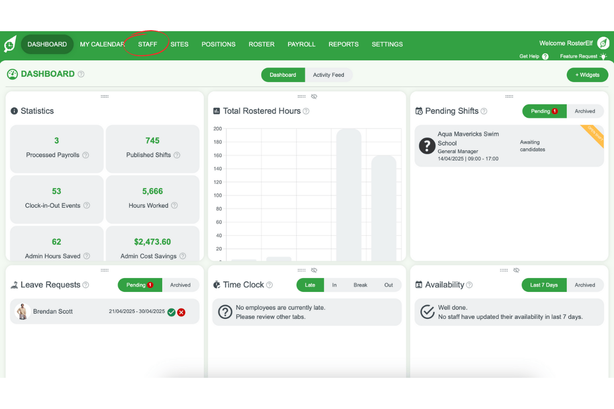 Screenshot of the Staff tab in RosterElf's top menu