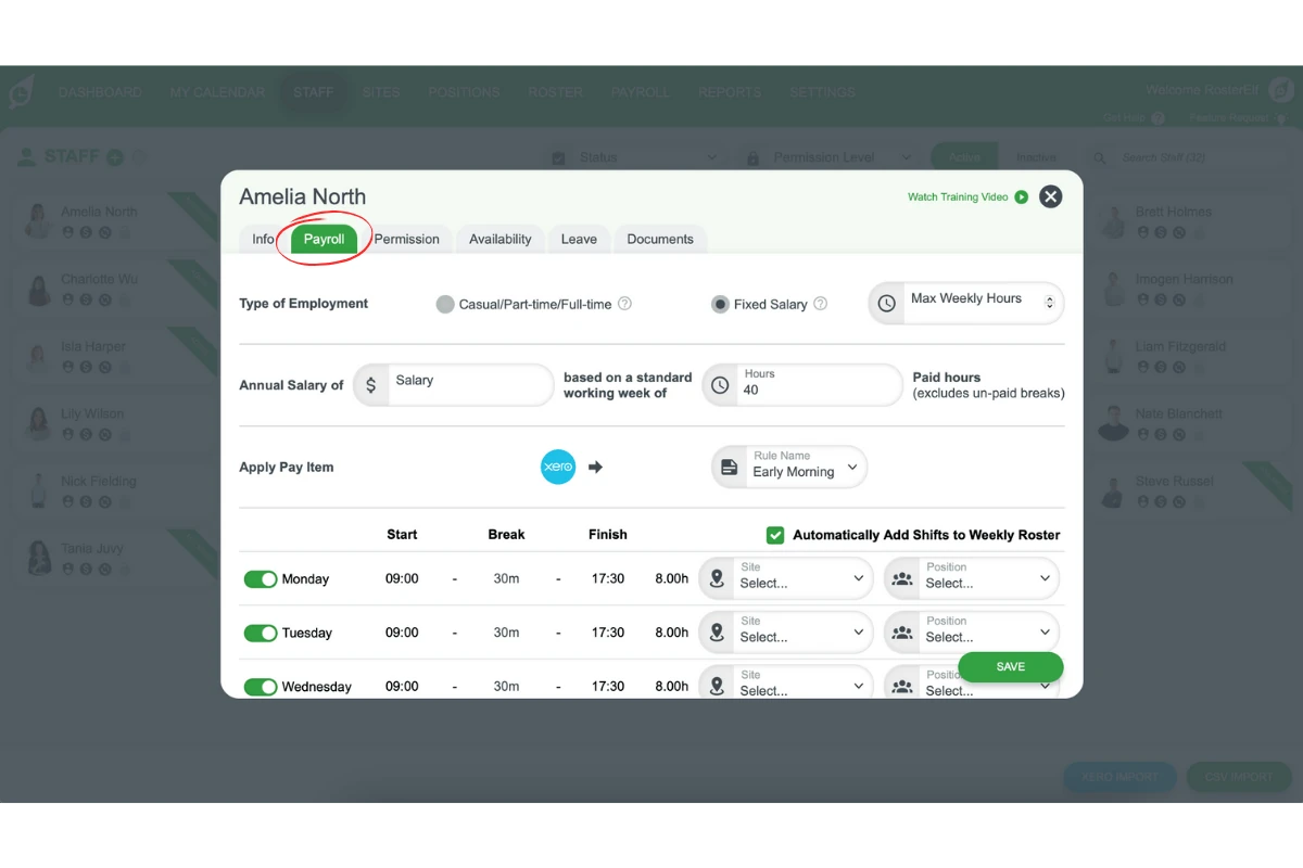 Screenshot of the Payroll tab in RosterElf