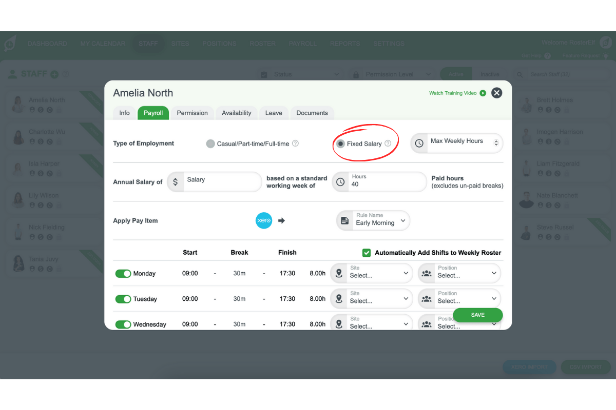 Type of Employment setting showing Fixed Salary option