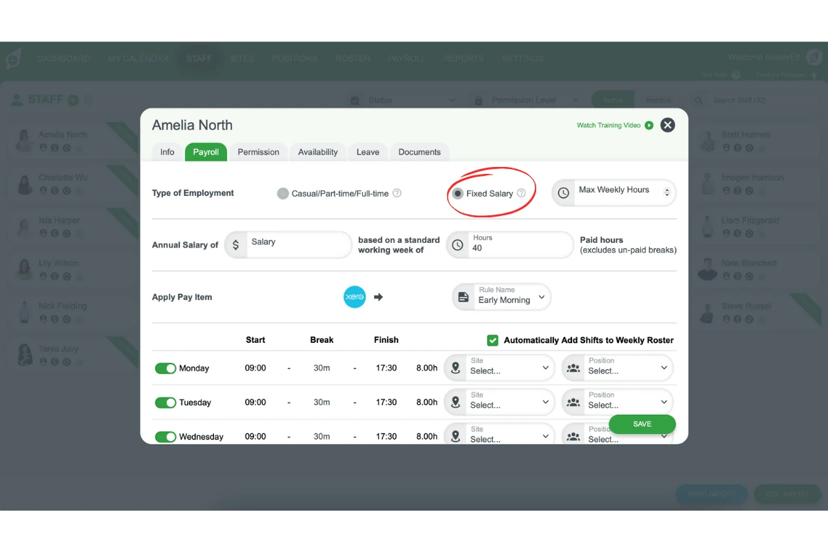 Type of Employment setting showing Fixed Salary option