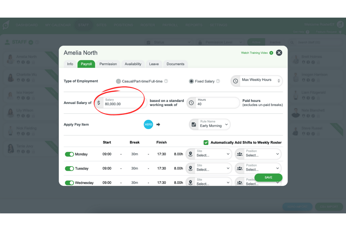 Entering annual salary details for a staff member