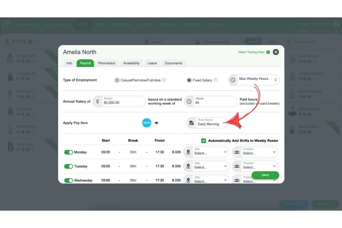 Screenshot indicating pay item selection for salary staff