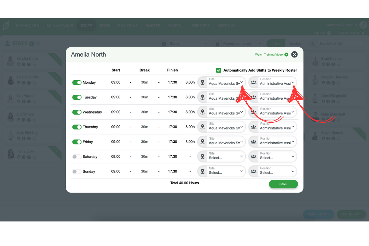Standard hours and site/position setup for salary staff