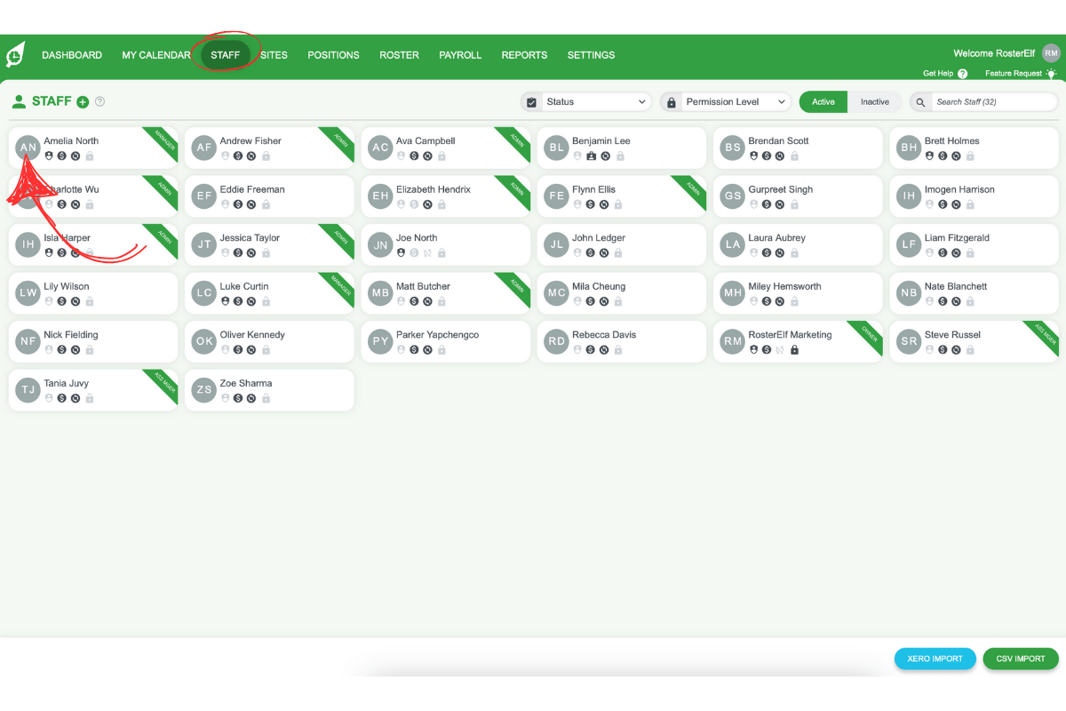 RosterElf staff tab with staff list