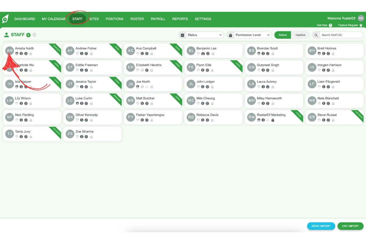 RosterElf staff tab with staff list