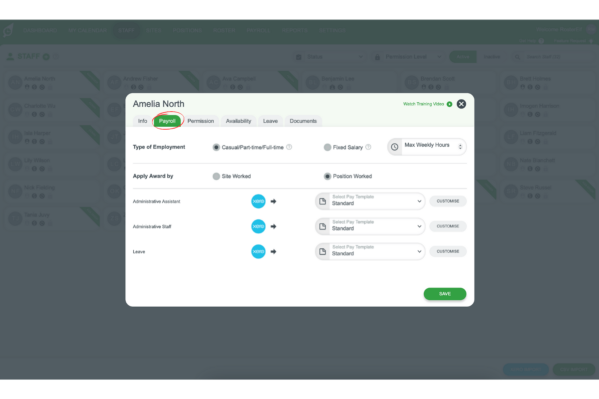 RosterElf payroll tab in staff card
