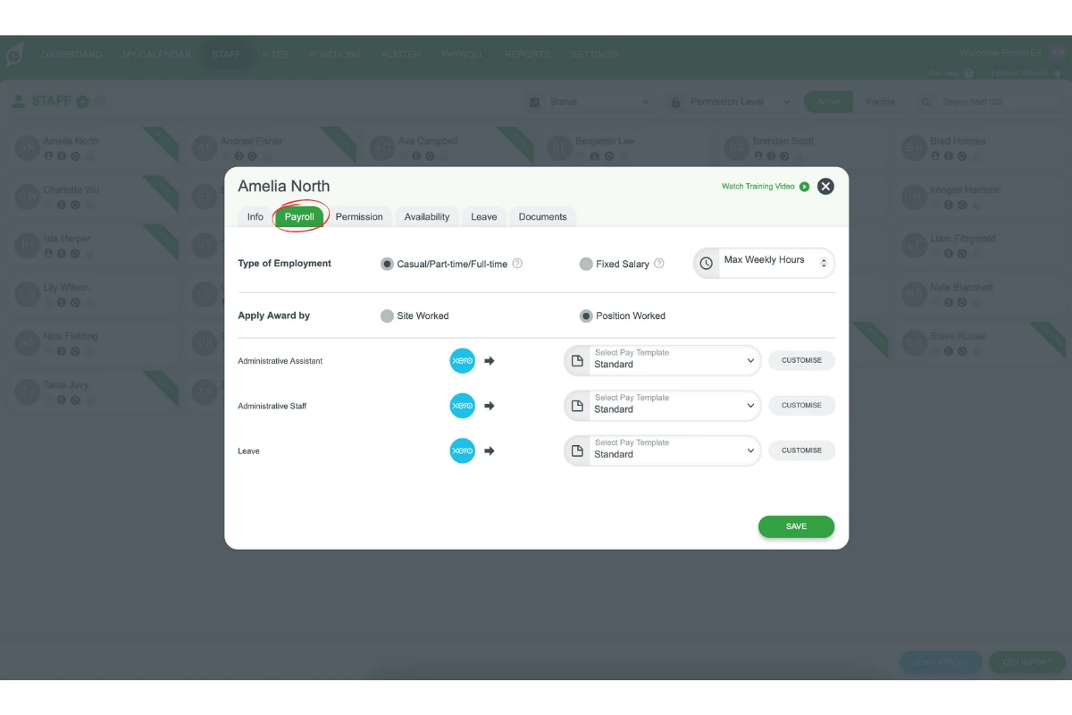 RosterElf payroll tab in staff card