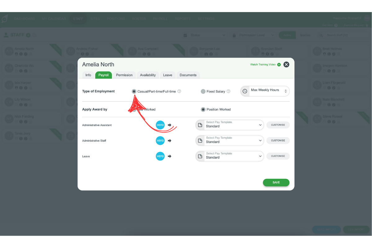 RosterElf staff card with employment type selection