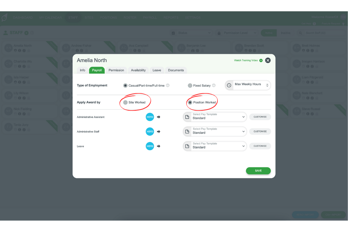 RosterElf payroll tab with Site or Position dropdown