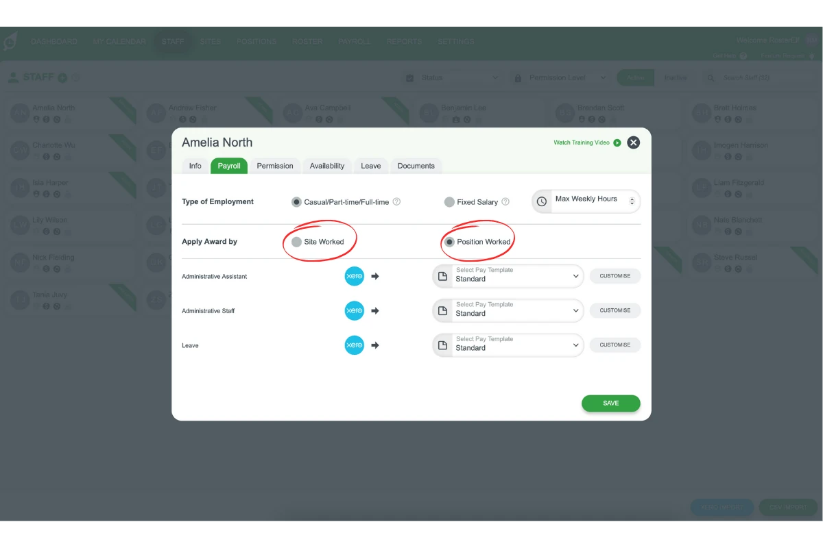 RosterElf payroll tab with Site or Position dropdown