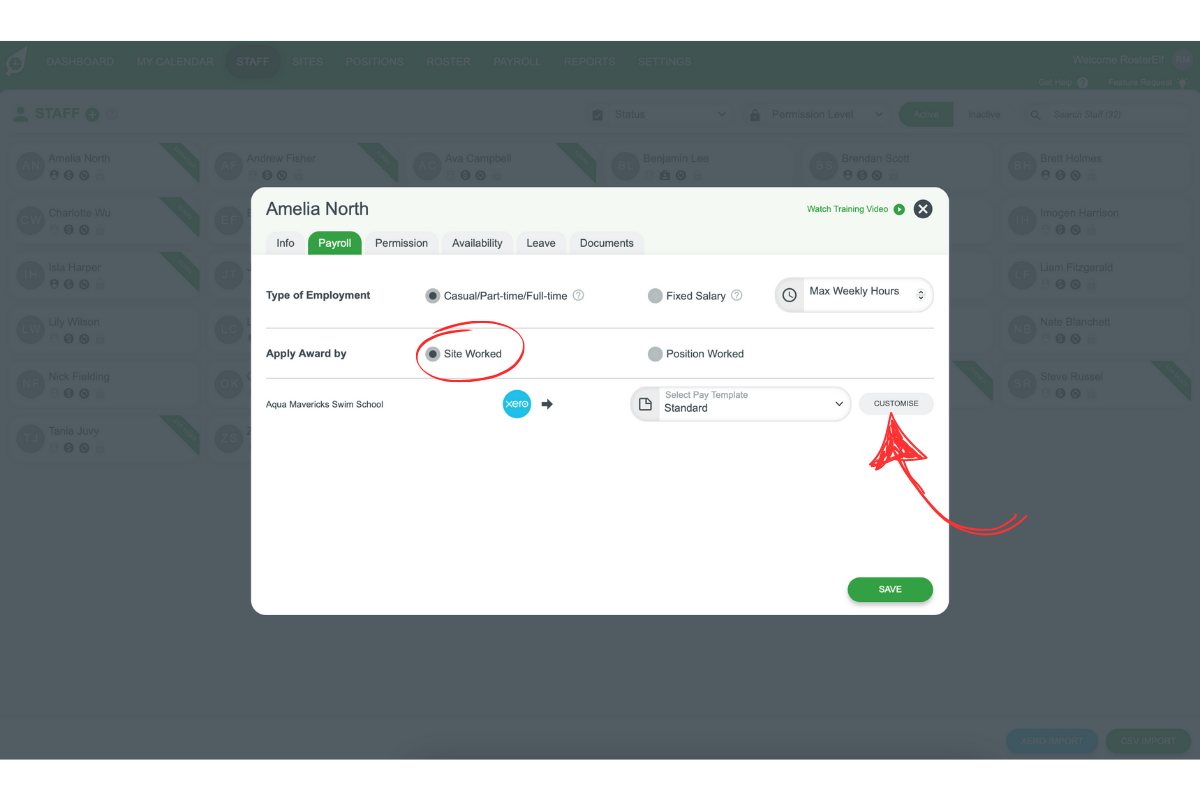 Dropdown menus for site-based pay templates in RosterElf