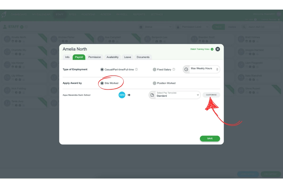 Dropdown menus for site-based pay templates in RosterElf