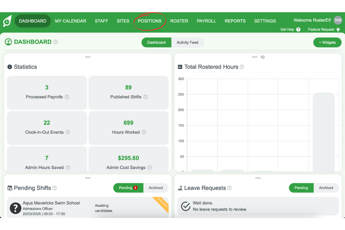 Screenshot highlighting the Positions tab in RosterElf