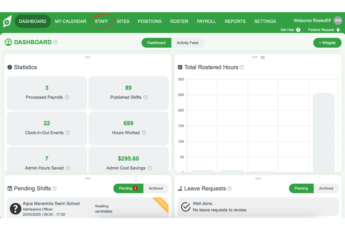 Screenshot indicating how to choose the Staff tab