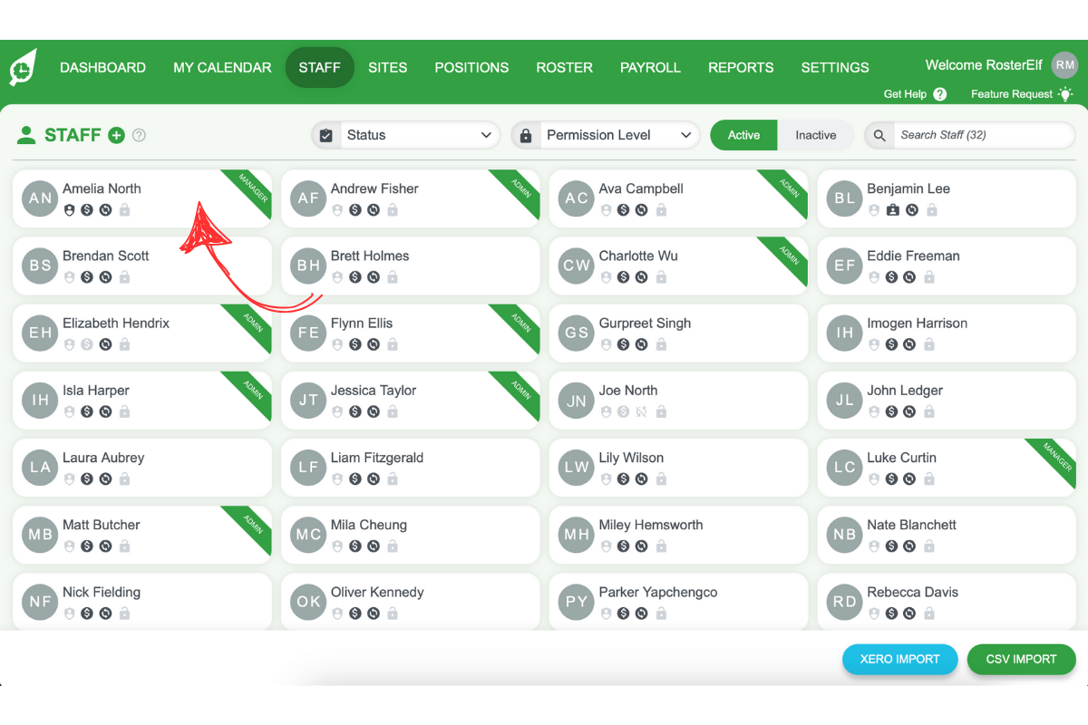 Screenshot showing selection of a specific staff member