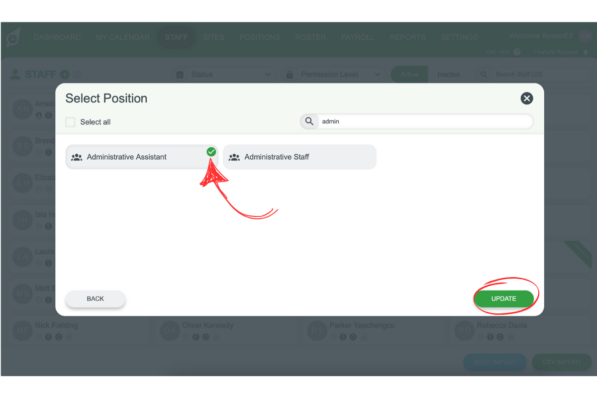 Screenshot of the Update button to confirm the newly assigned positions