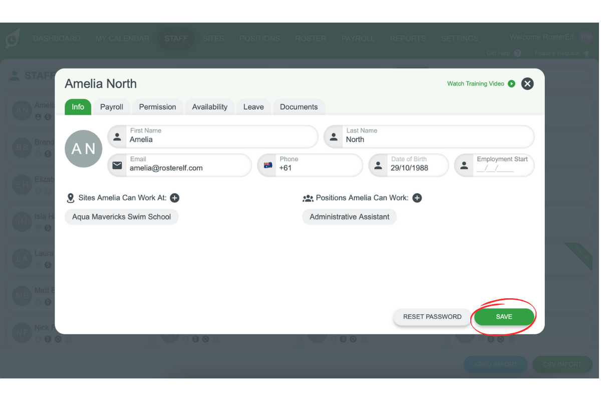 Screenshot illustrating the final Save action on the staff card