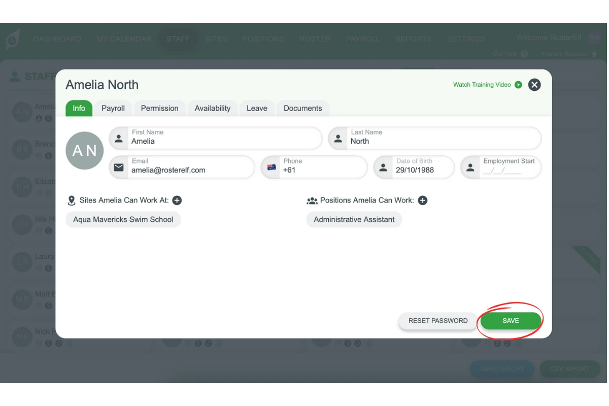 Screenshot illustrating the final Save action on the staff card